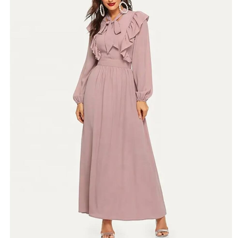 SHEIN Tie Neck Fit & Flare Ruffle Trim Long Sleeve Maxi Dress Rustic Pink Size M